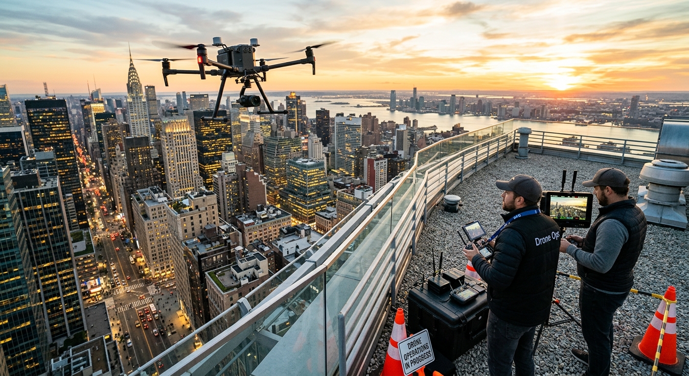 Professional drone crew operating aerial camera for advanced camera movement techniques in commercial video production Professional drone crew operating aerial camera for advanced camera movement techniques in commercial video production