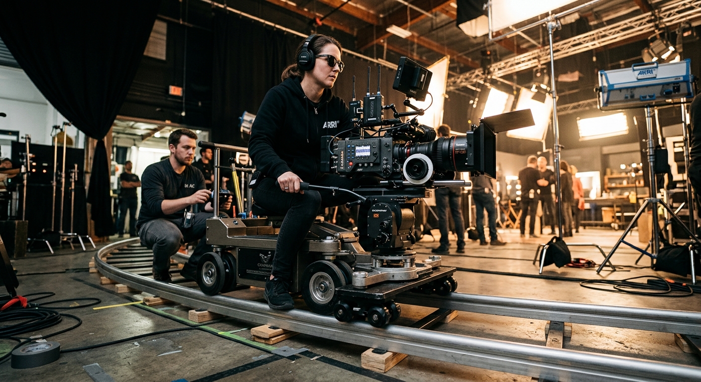 Cinematographer operating a camera dolly track demonstrating professional camera movement techniques on a commercial video set