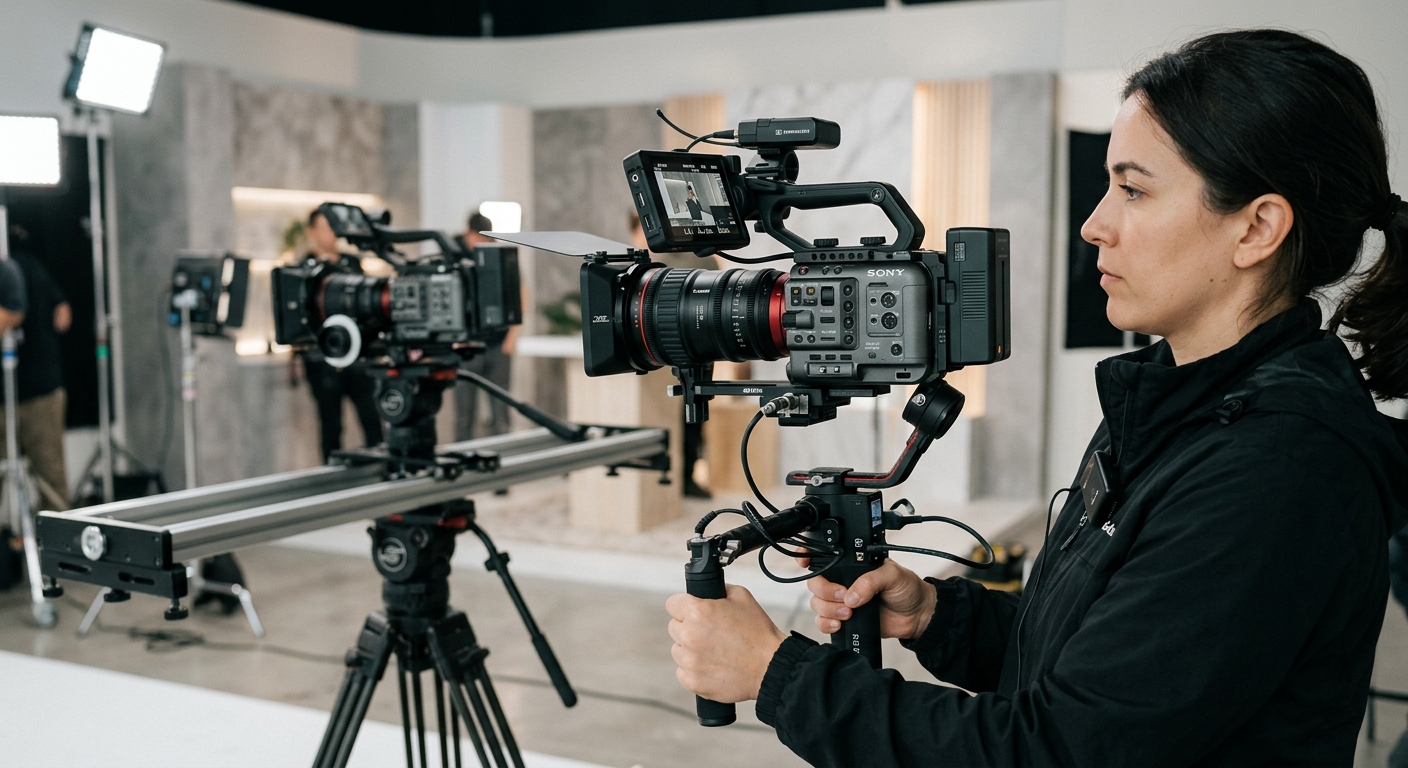 Professional gimbal and slider stabilization equipment used for smooth camera movement techniques in video production Professional gimbal and slider stabilization equipment used for smooth camera movement techniques in video production