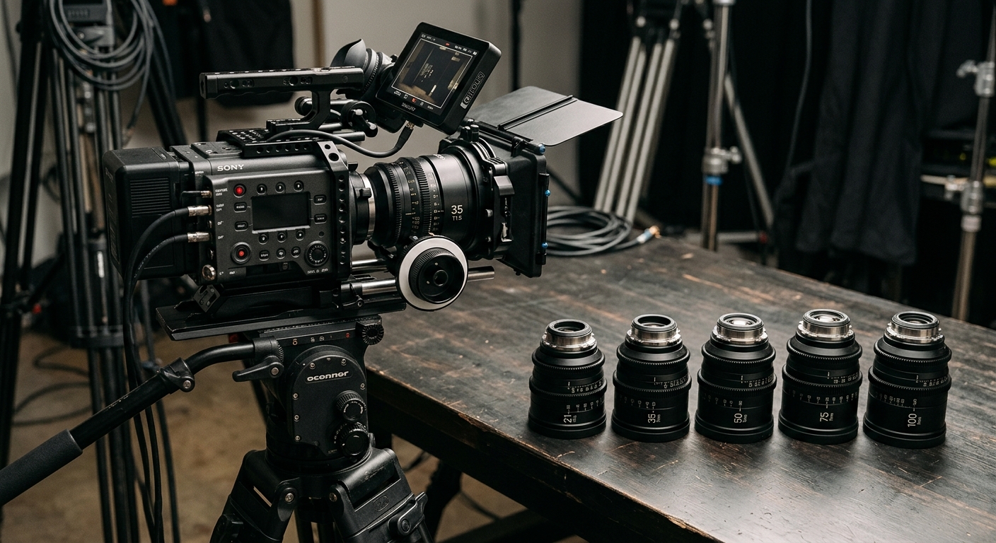 Cinema camera and prime lens set on a professional tripod — core camera equipment for commercial video production Cinema camera and prime lens set on a professional tripod — core camera equipment for commercial video production