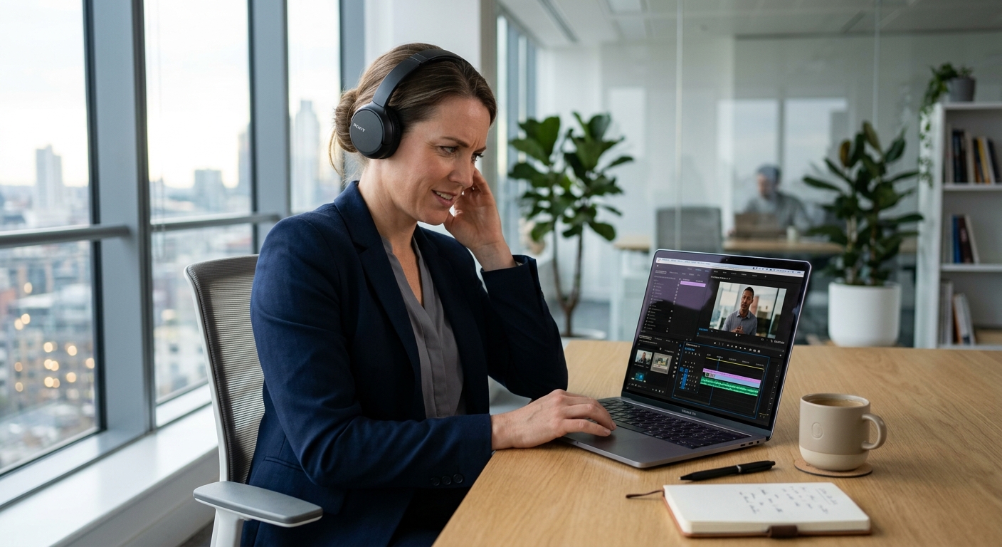 Business owner reviewing video rough cut during post production workflow approval round Business owner reviewing video rough cut during post production workflow approval round