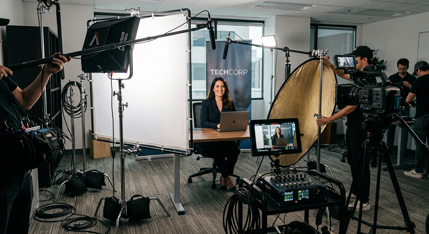 Professional lighting kit setup on a corporate video shoot with LED key light, fill reflector, and boom mic Professional lighting kit setup on a corporate video shoot with LED key light, fill reflector, and boom mic