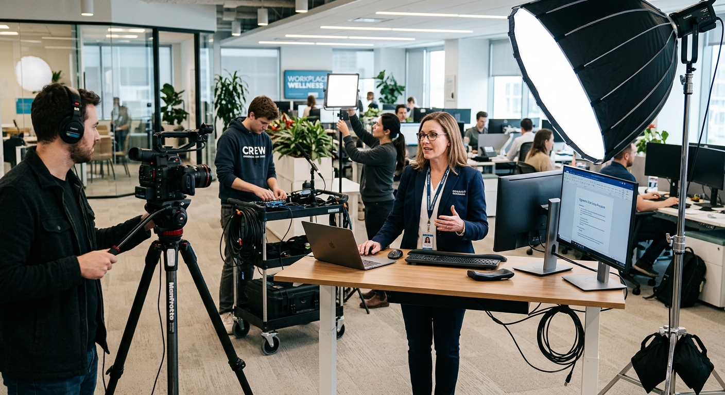 Professional video crew creating training videos for employees at a corporate office facility