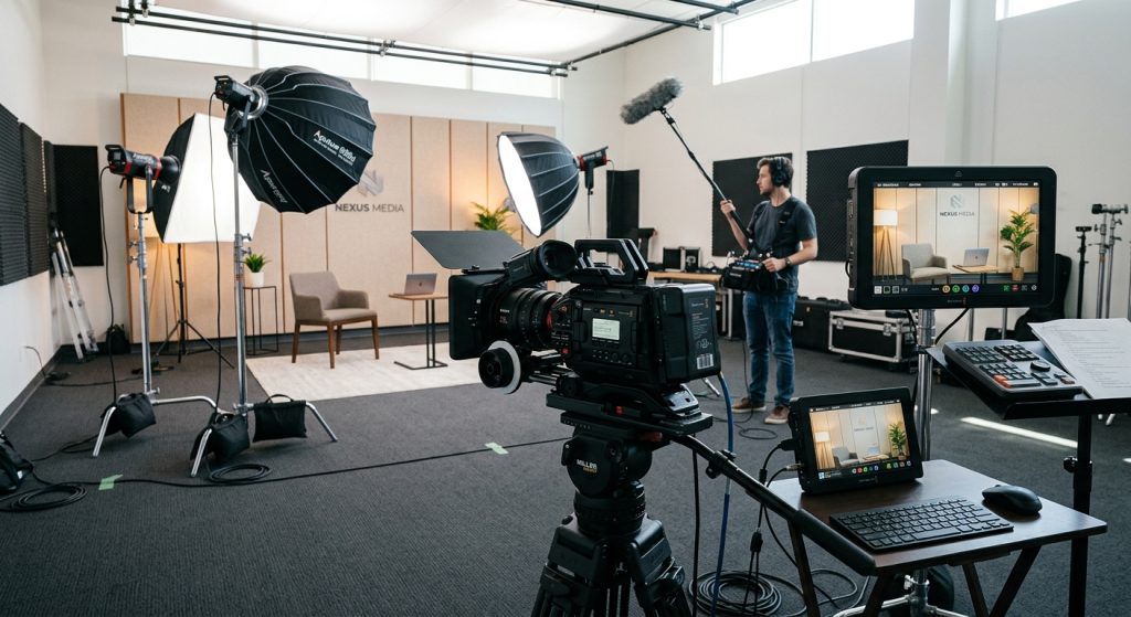 Essential video production equipment list laid out in a professional studio including cinema camera, LED lights, and audio gear