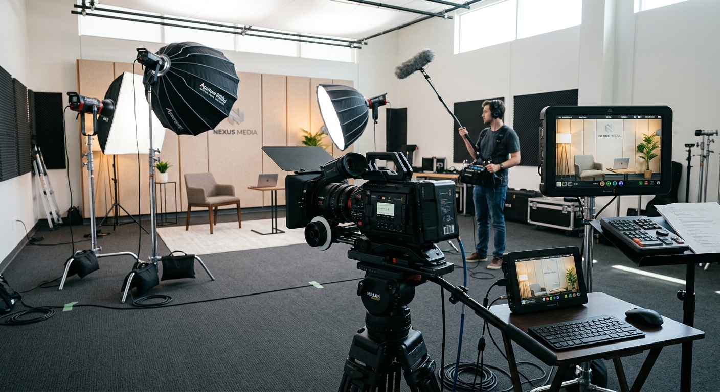Essential video production equipment list laid out in a professional studio including cinema camera, LED lights, and audio gear