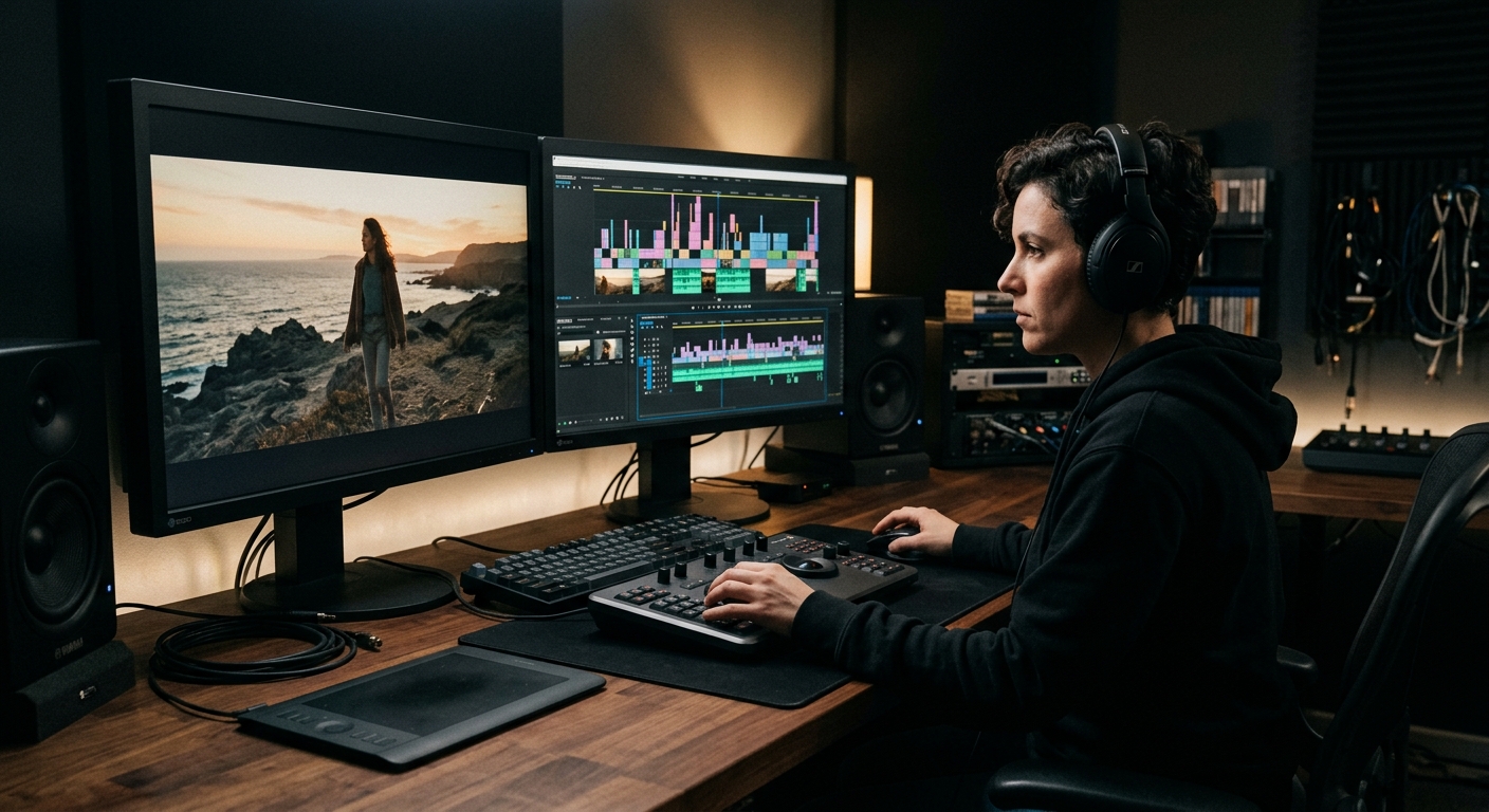 Video editor managing post production workflow on professional editing workstation with dual monitors