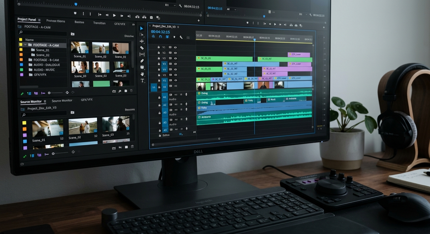 Organized video editing timeline showing structured post production workflow with color-coded sequences Organized video editing timeline showing structured post production workflow with color-coded sequences