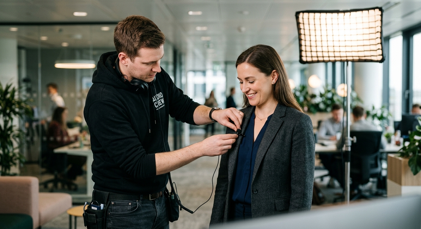Sound engineer setting up lavalier microphone for a corporate employee training video shoot Sound engineer setting up lavalier microphone for a corporate employee training video shoot