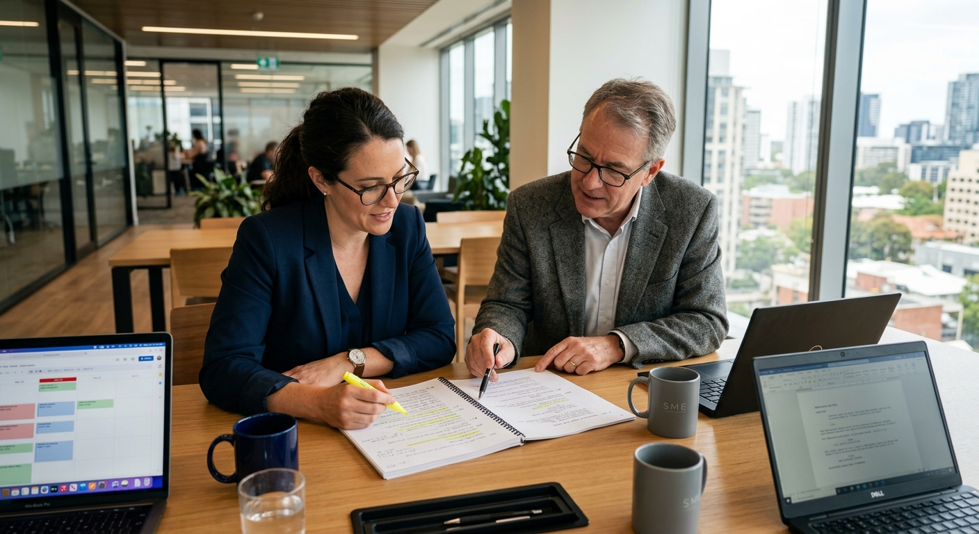 Director and subject matter expert reviewing script during employee training video pre-production Director and subject matter expert reviewing script during employee training video pre-production