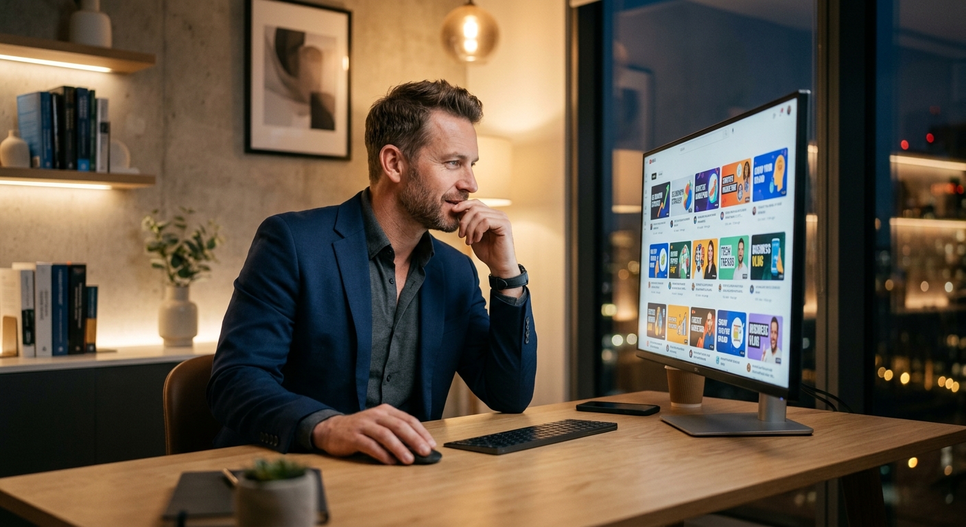 Business owner reviewing YouTube SEO thumbnail strategy on desktop monitor to improve click-through rate Business owner reviewing YouTube SEO thumbnail strategy on desktop monitor to improve click-through rate