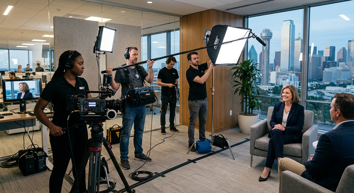 YouTube SEO video production team filming corporate interview in a Dallas office