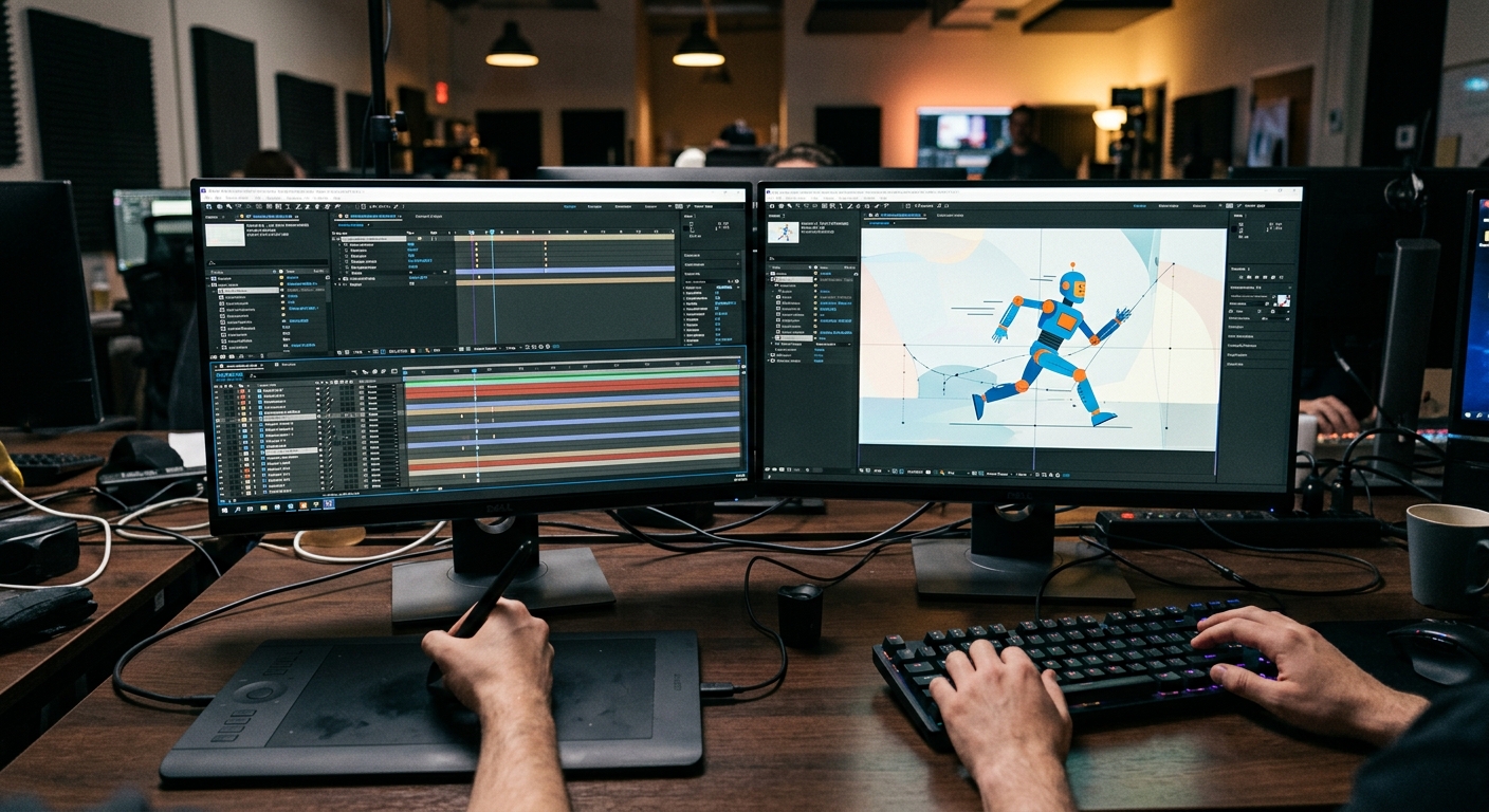 animator building a startup explainer video in a motion graphics studio animator building a startup explainer video in a motion graphics studio