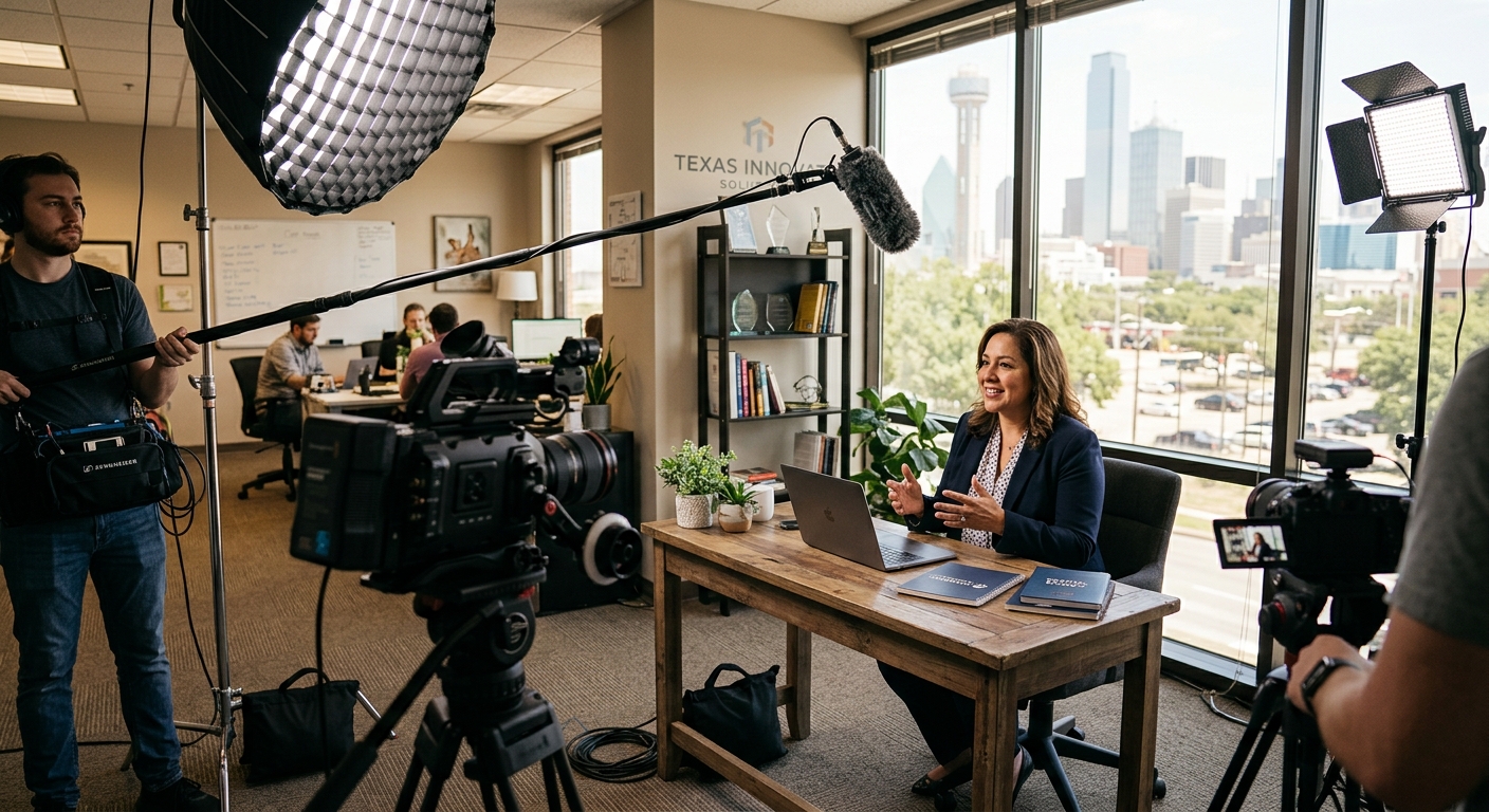 Case study video interview setup with two cameras and lighting inside a Dallas business office