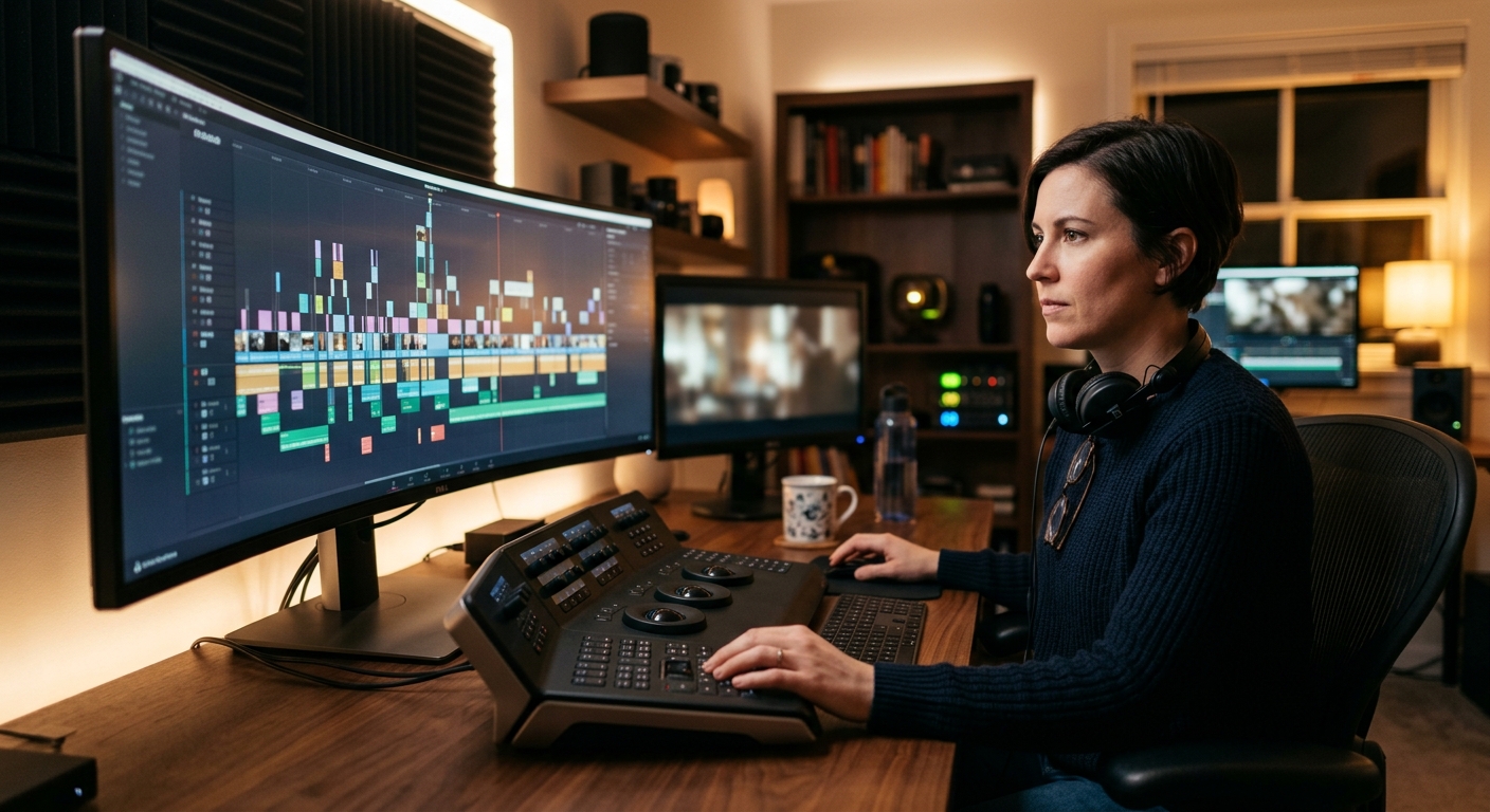 Video editor reviewing footage while choosing the right video length on an editing timeline