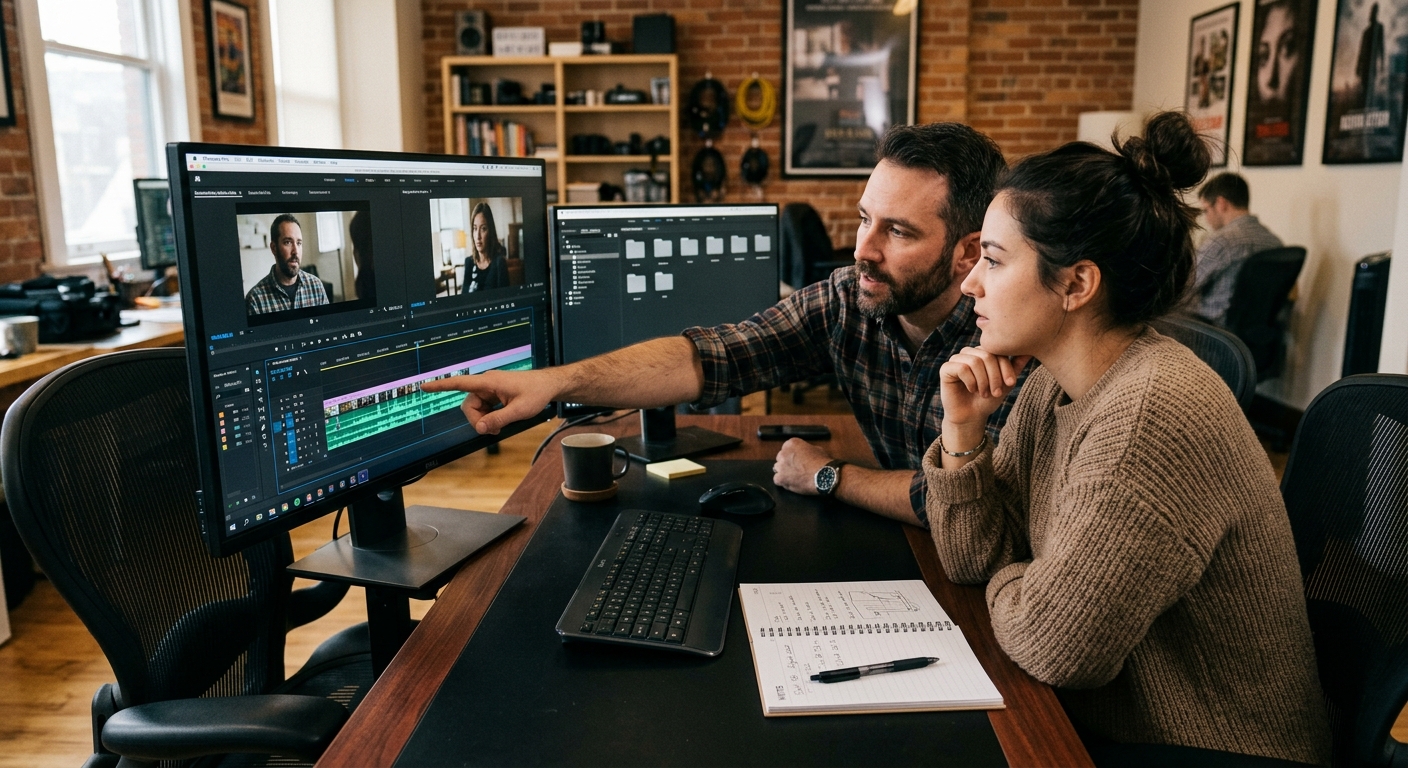 client giving feedback to a video editor during a revision round client giving feedback to a video editor during a revision round