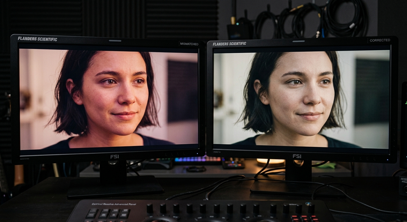 Side-by-side color grading comparison showing a common post production mistake being corrected Side-by-side color grading comparison showing a common post production mistake being corrected