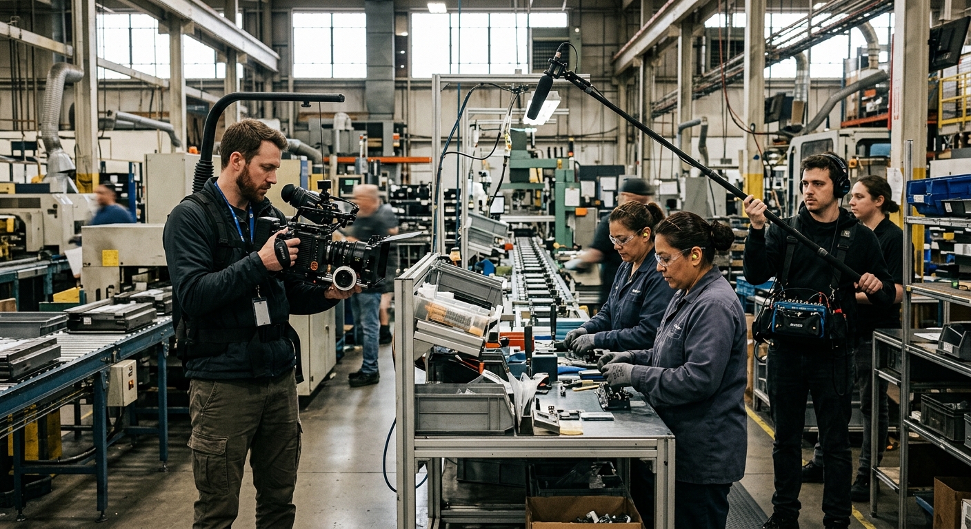 Film crew capturing behind-the-scenes manufacturing footage as corporate video content Film crew capturing behind-the-scenes manufacturing footage as corporate video content