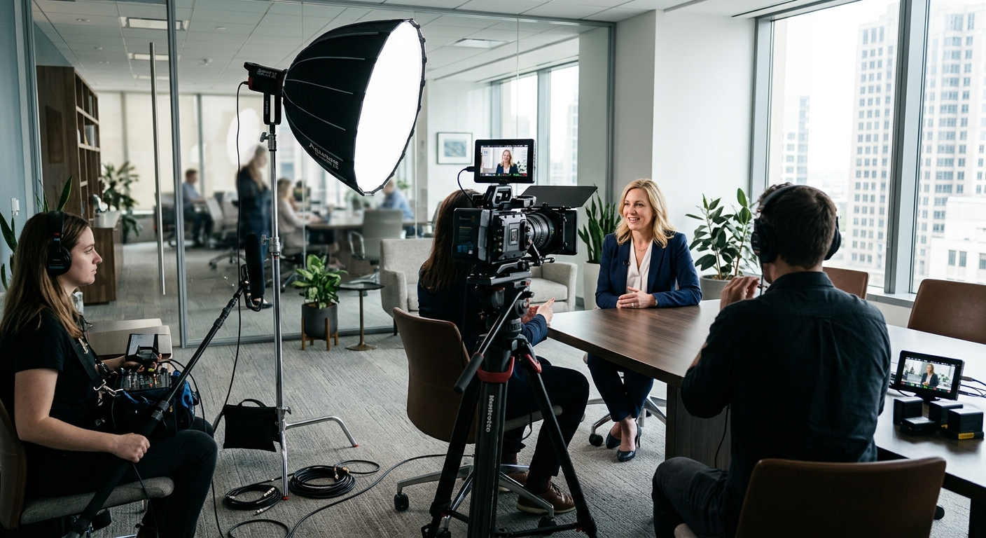 Video production crew filming a corporate interview for ideas for corporate video content