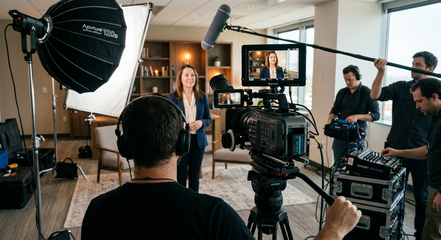 video production crew filming a corporate spokesperson video built for measurable ROI video production crew filming a corporate spokesperson video built for measurable ROI