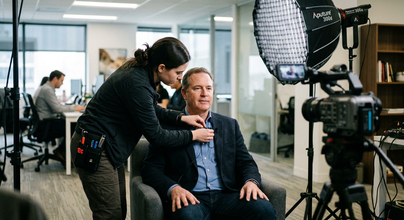 Crew setting up a testimonial interview shoot, one of the best ideas for corporate video content Crew setting up a testimonial interview shoot, one of the best ideas for corporate video content
