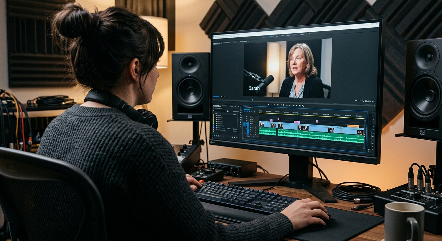 Video editor cutting together a case study video from client interview footage Video editor cutting together a case study video from client interview footage