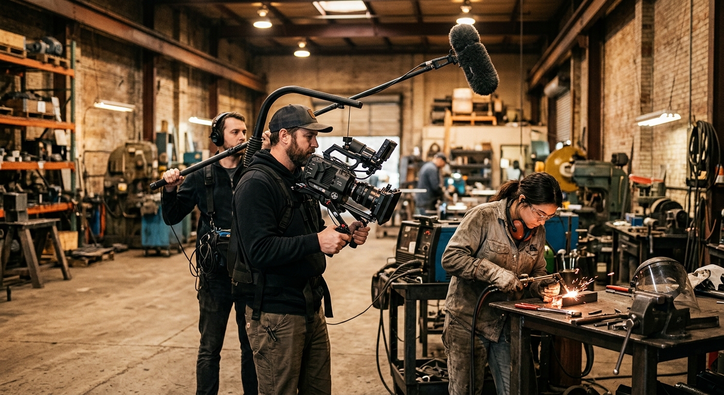 Production crew filming b-roll for a Dallas case study video inside a client's warehouse Production crew filming b-roll for a Dallas case study video inside a client's warehouse