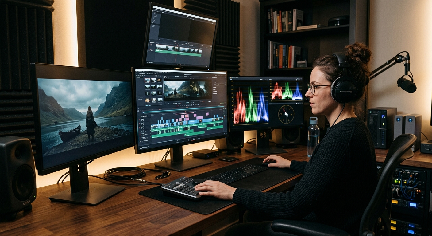 Video editor comparing editing software options on a multi-monitor workstation