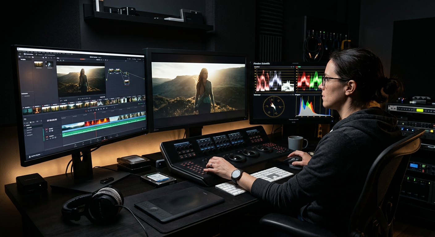 Video editor reviewing color and audio to avoid common mistakes in post production