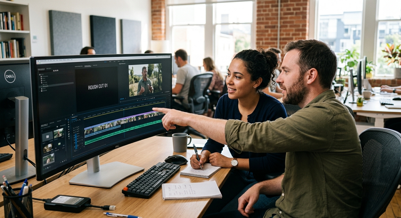 Producer and editor reviewing a rough cut as part of a post-production workflow Producer and editor reviewing a rough cut as part of a post-production workflow