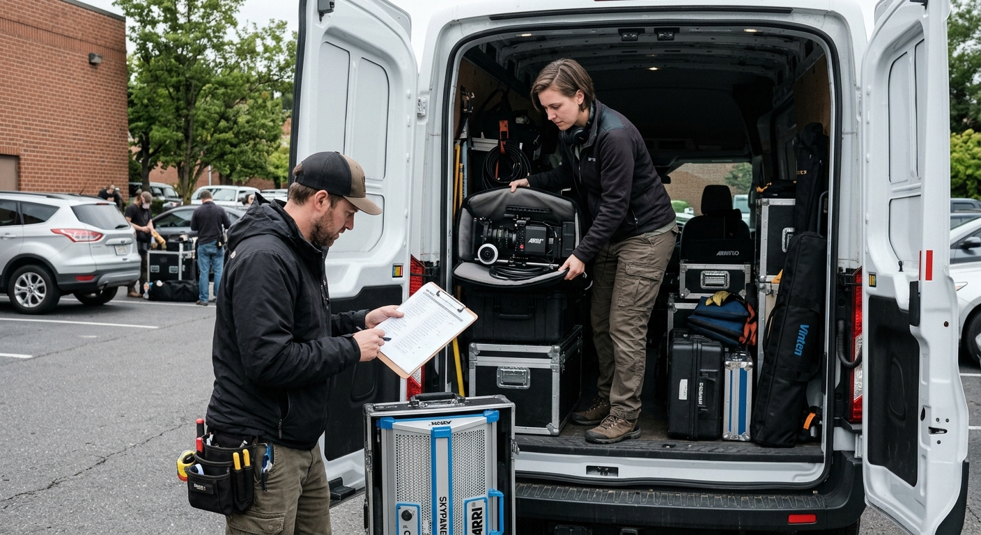 Film crew loading gear and checking a shot list, one of the final steps in pre production planning before shoot day Film crew loading gear and checking a shot list, one of the final steps in pre production planning before shoot day