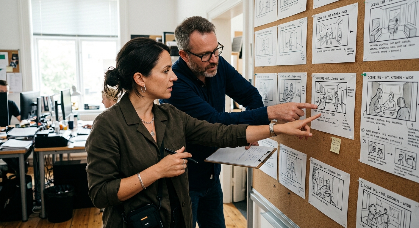 Director and producer reviewing a storyboard as part of pre production planning steps before a video shoot Director and producer reviewing a storyboard as part of pre production planning steps before a video shoot