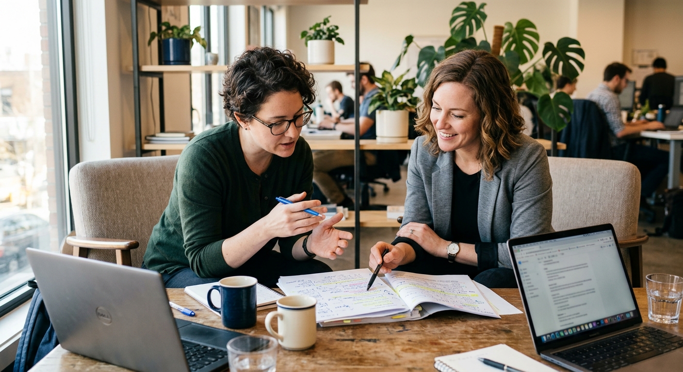 producer and founder reviewing a startup explainer video script and brief producer and founder reviewing a startup explainer video script and brief