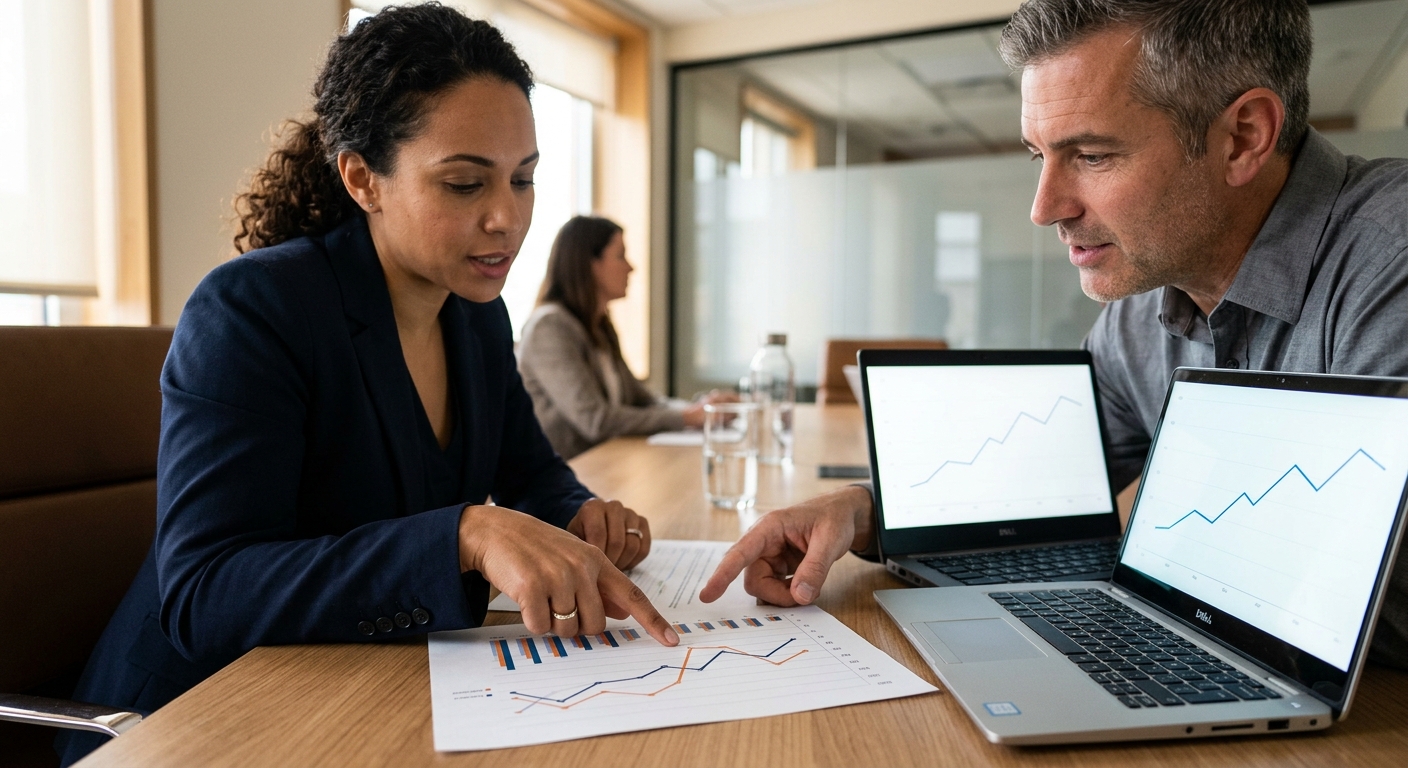 business team comparing sales cycle length and cost per lead to evaluate video marketing ROI business team comparing sales cycle length and cost per lead to evaluate video marketing ROI