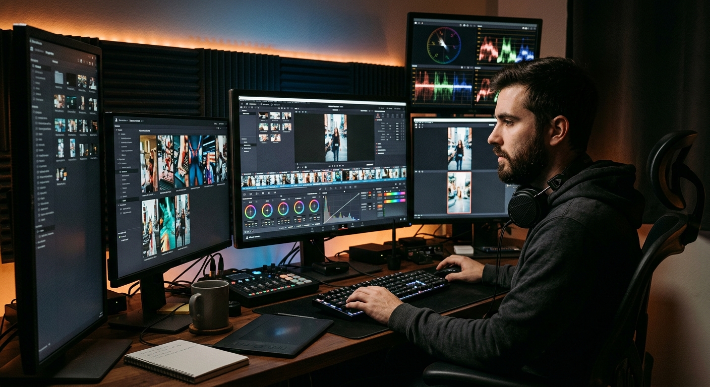 Video editor reviewing short-form clips, showing where social media video cost is spent in post-production Video editor reviewing short-form clips, showing where social media video cost is spent in post-production