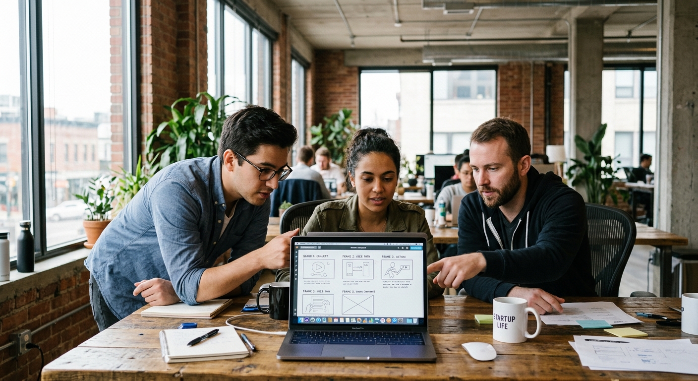 startup team reviewing storyboard while making explainer videos for startups
