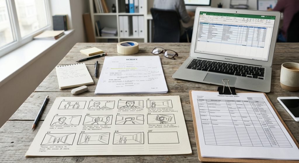 Producer's desk showing the steps in pre production planning laid out across script, storyboard, and budget documents