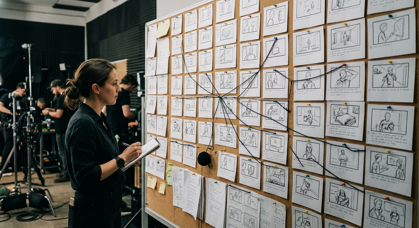Storyboard wall showing the three-act structure used in a video storytelling framework Storyboard wall showing the three-act structure used in a video storytelling framework