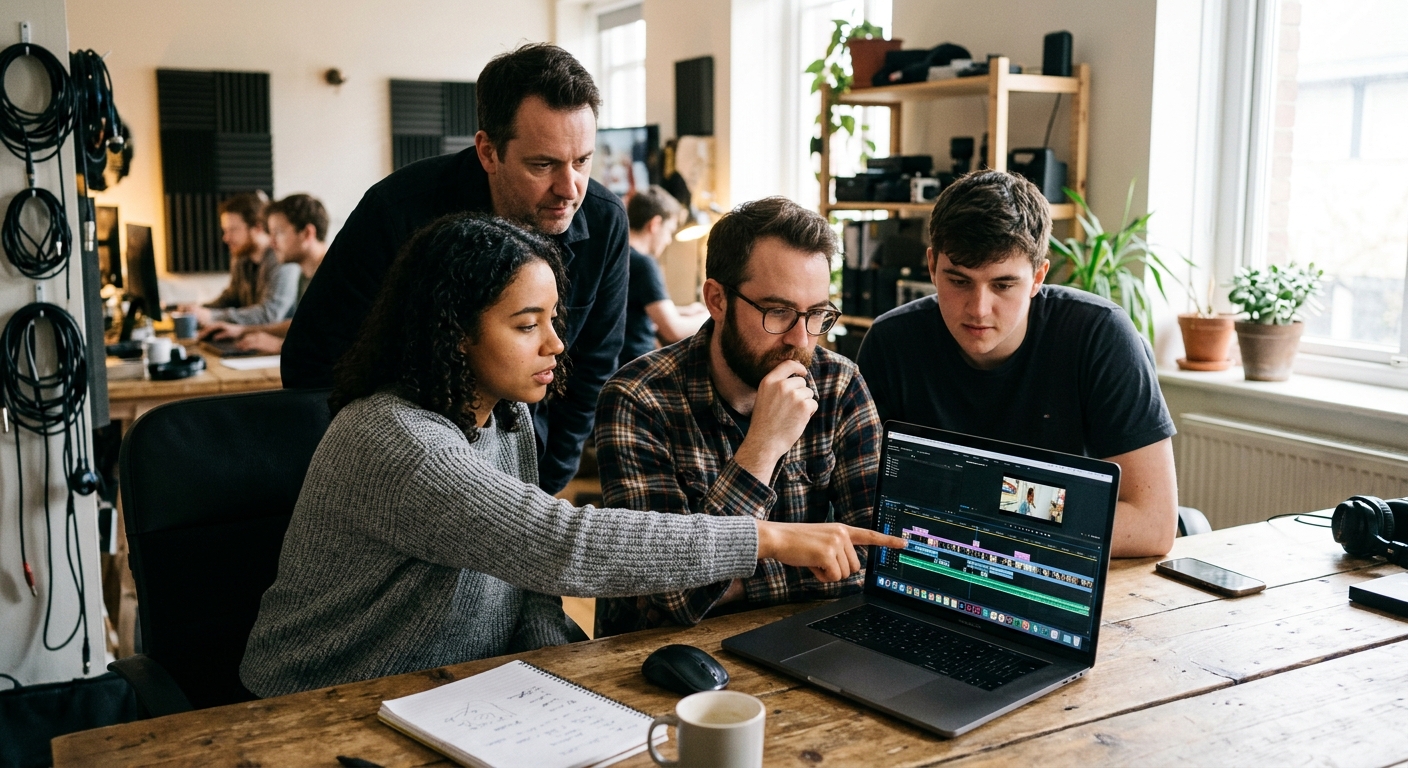 Production team consolidating feedback notes to avoid post production mistakes during revisions Production team consolidating feedback notes to avoid post production mistakes during revisions