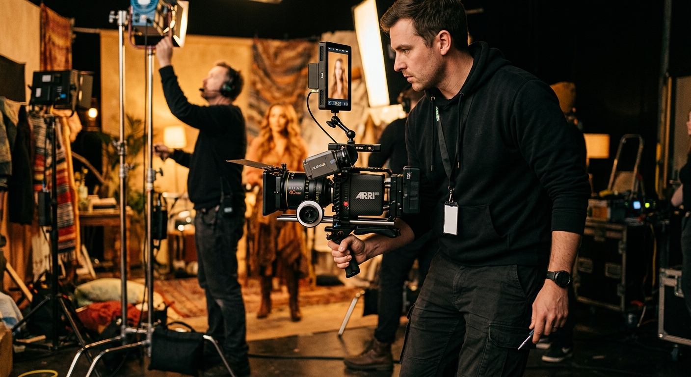 Camera operator shooting vertical video format on a commercial production set Camera operator shooting vertical video format on a commercial production set
