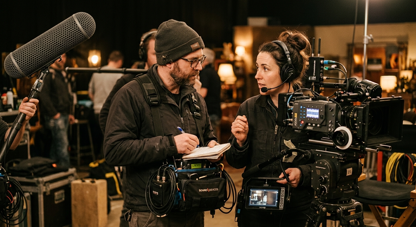 director of photography and sound recordist collaborating on a video production team director of photography and sound recordist collaborating on a video production team