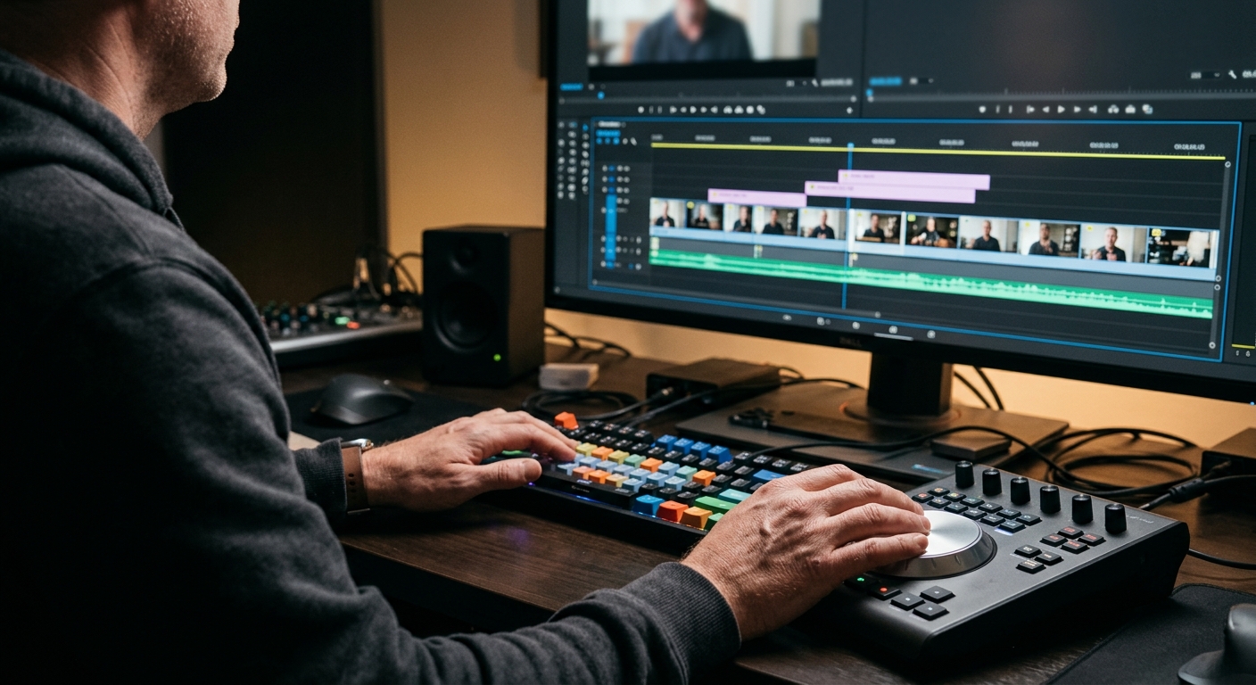 Editor syncing multi-camera footage while choosing video editing software for a corporate project Editor syncing multi-camera footage while choosing video editing software for a corporate project