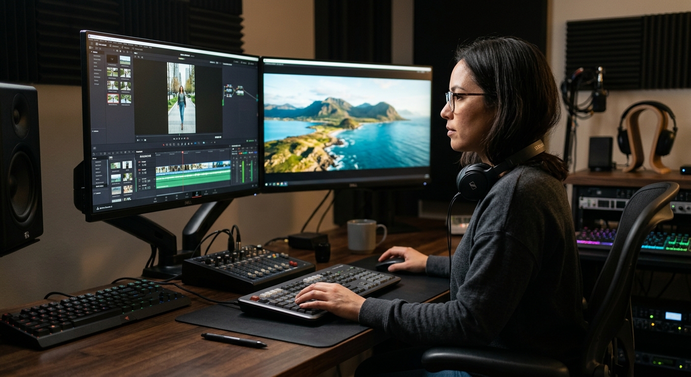 Video editor comparing popular video formats and when to use them on dual monitors in an edit bay
