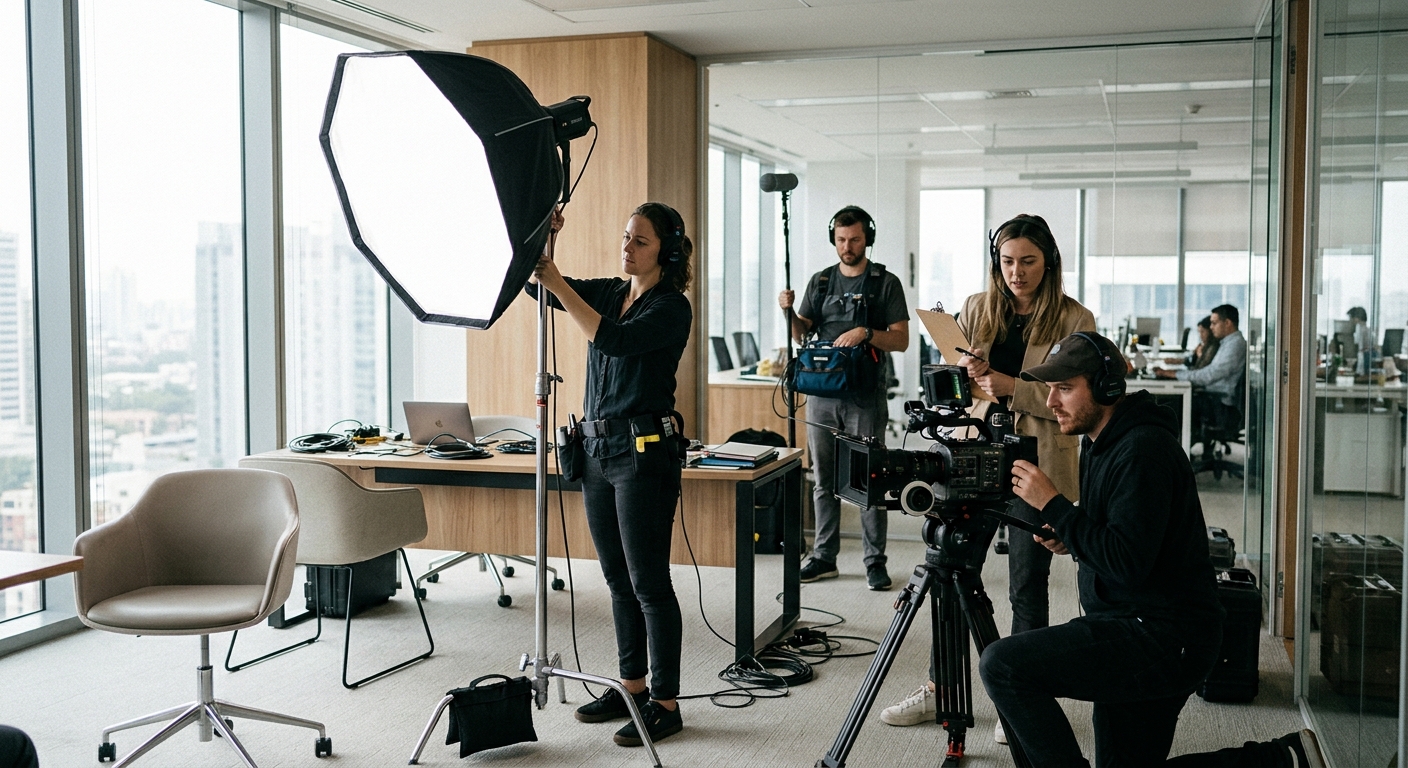 video production team setting up lighting and camera equipment for a corporate shoot