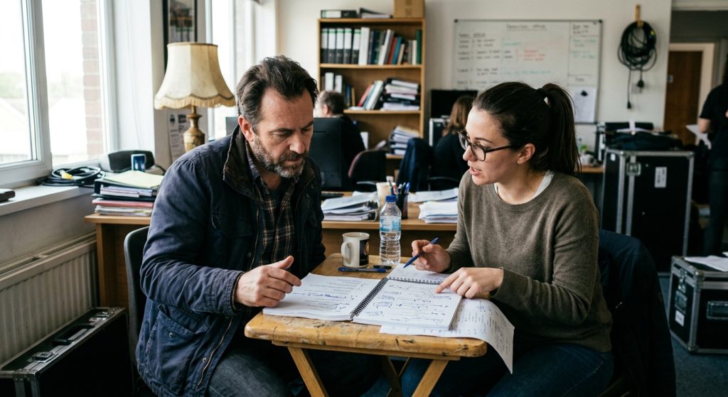 Video director and script supervisor reviewing a storytelling framework for video during pre-production