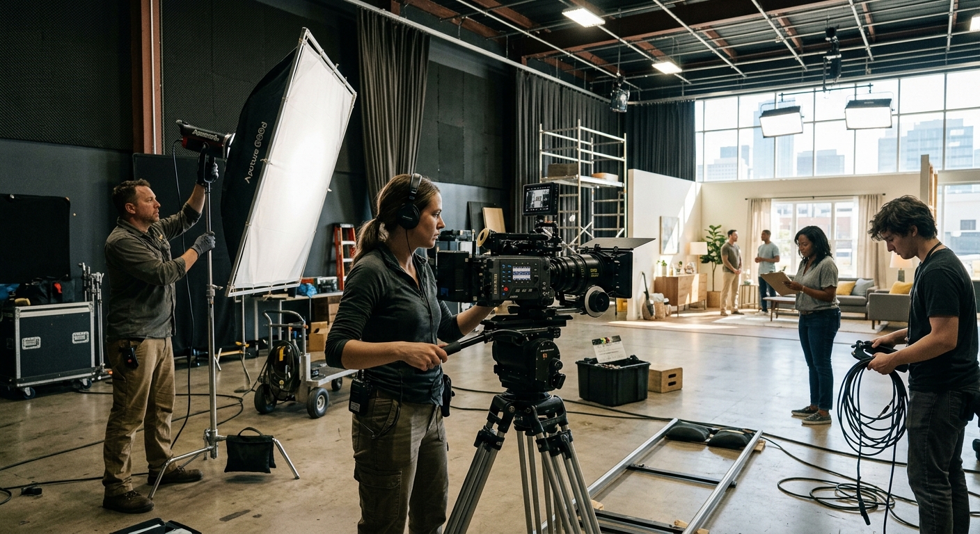 Film crew setting up equipment during a 30 second commercial shoot in a Dallas studio
