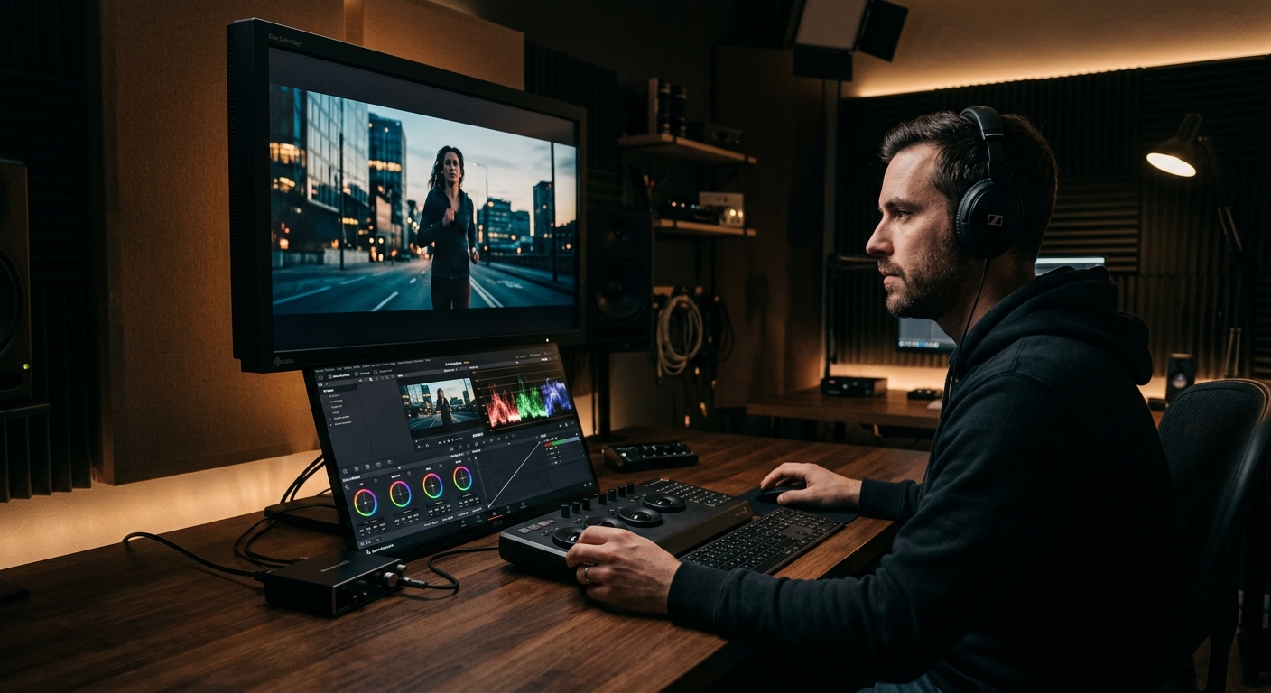 Editor color grading a brand film in post-production for a Los Angeles video company Editor color grading a brand film in post-production for a Los Angeles video company