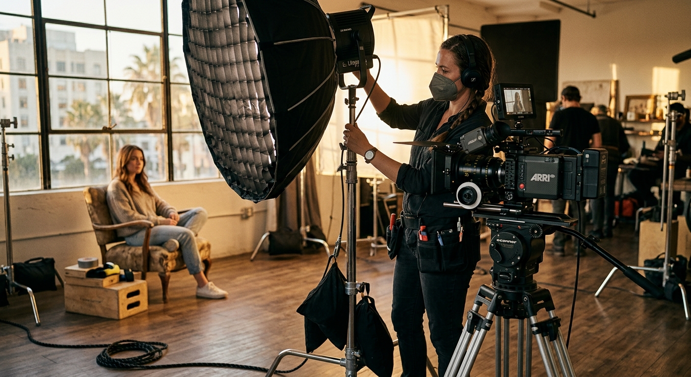 Cinematographer lighting a scene during a brand film production shoot in Los Angeles