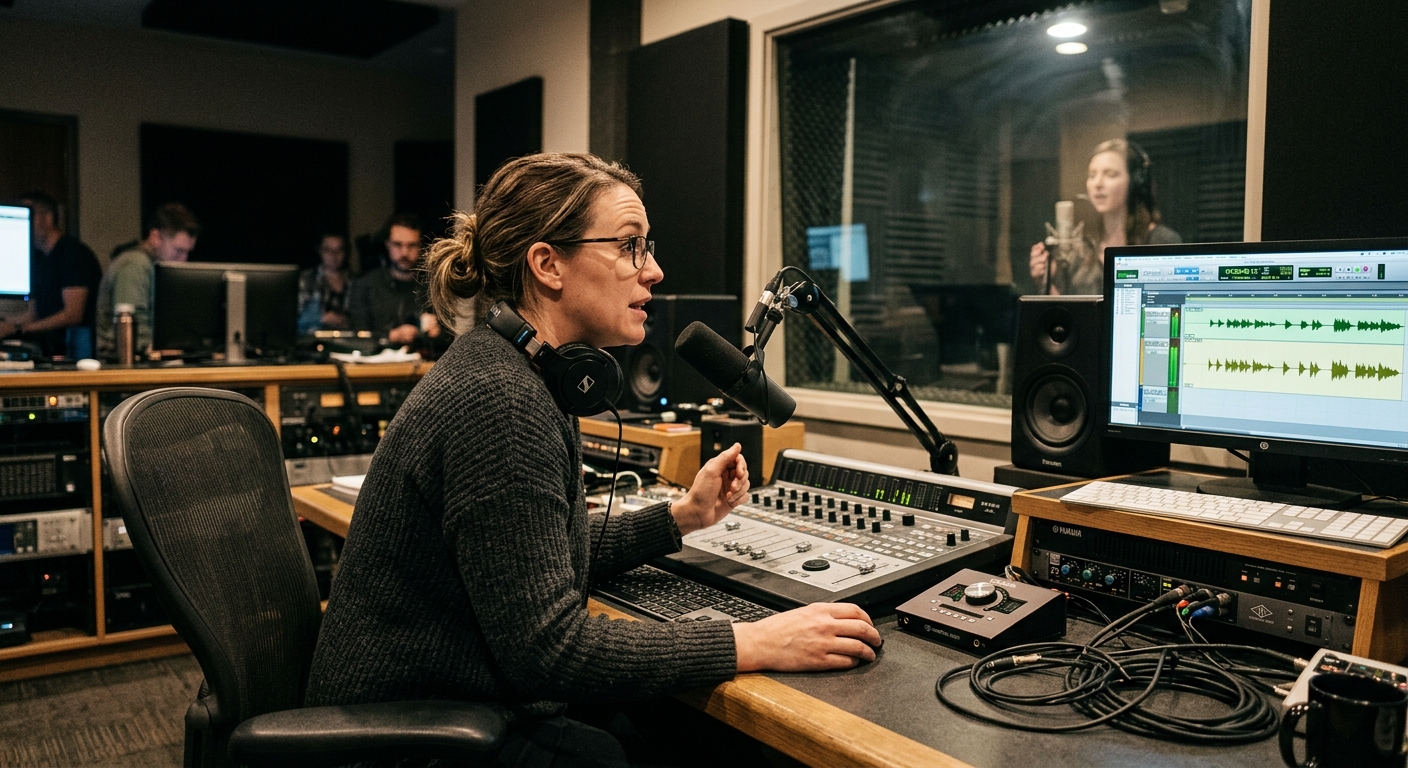 Producer directing a voiceover artist through a talkback mic during a video production session Producer directing a voiceover artist through a talkback mic during a video production session