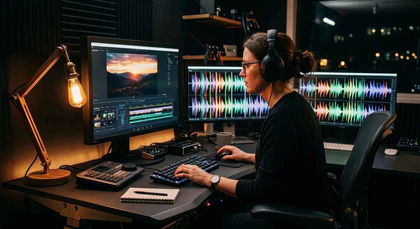 Video editor selecting royalty-free music for video on a professional editing timeline