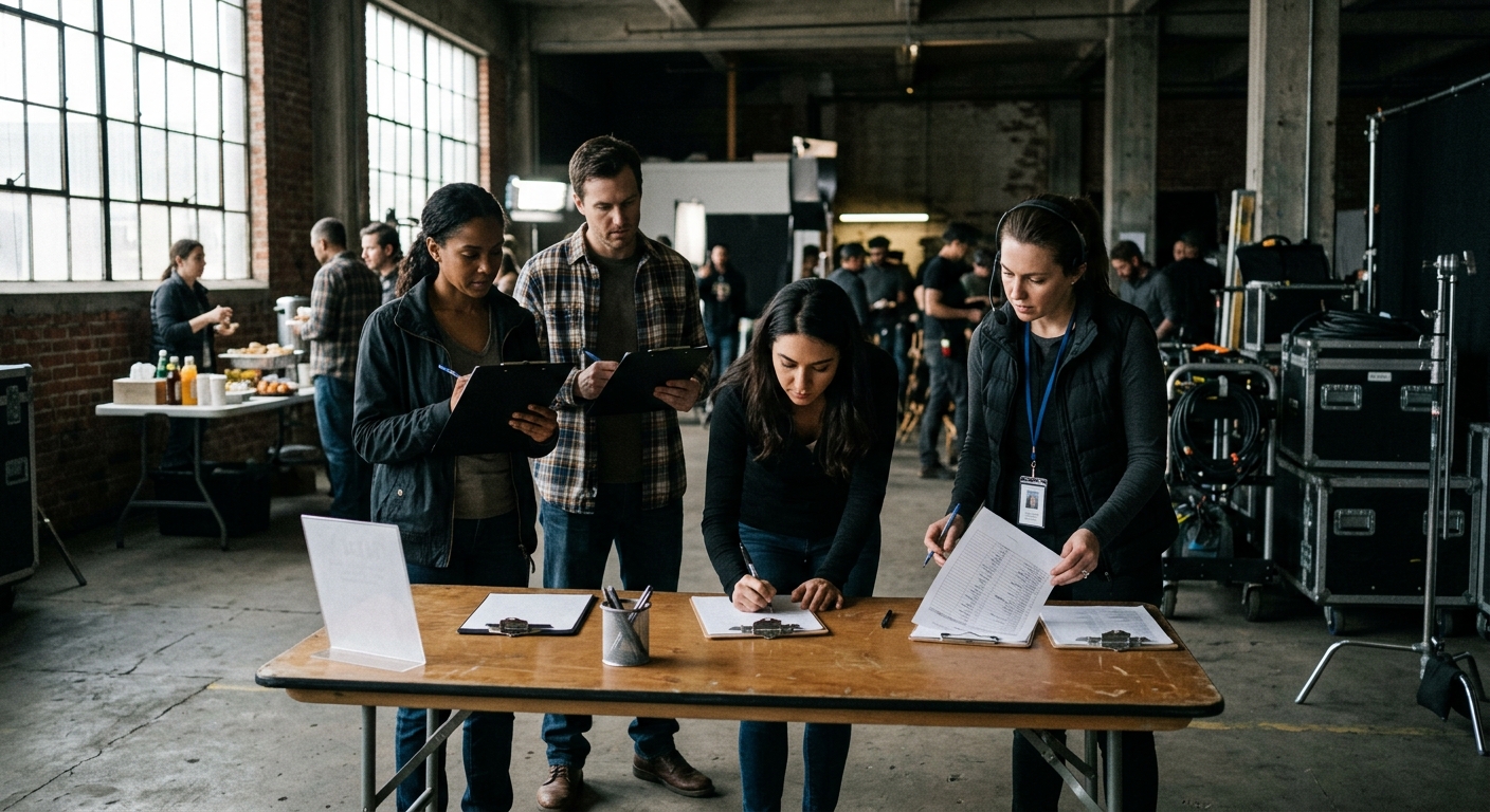 Background extras signing a talent release form at set check-in before a corporate video shoot Background extras signing a talent release form at set check-in before a corporate video shoot